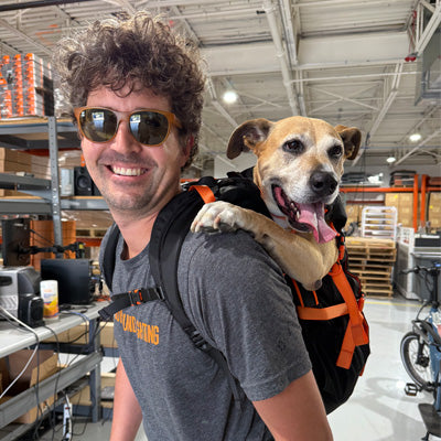 Man with sunglasses carrying a dog on his shoulders in an indoor setting