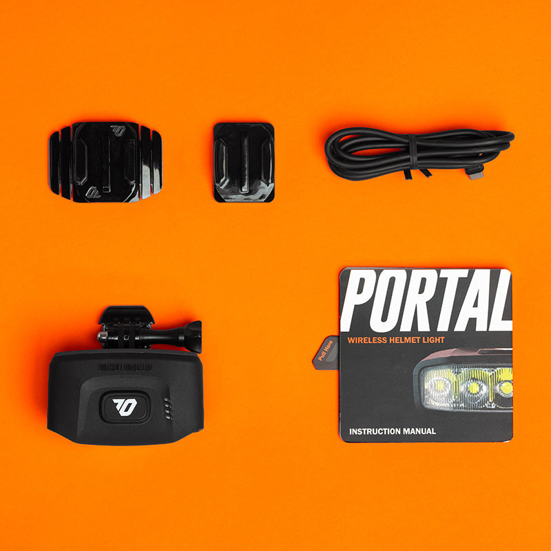 Portal helmet light box contents with mounts, cable and instruction manual