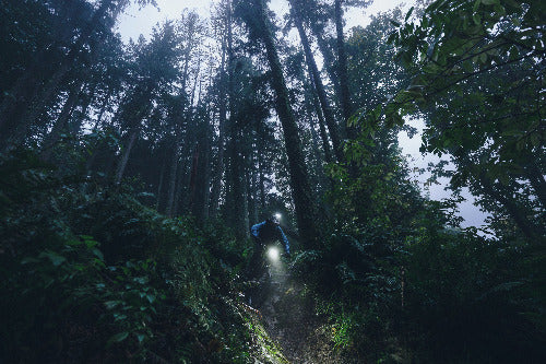 A person wearing a bright blue jacket and helmet with a headlamp stands on a forest trail surrounded by tall trees and dense greenery, with the light shining forward through the woods.